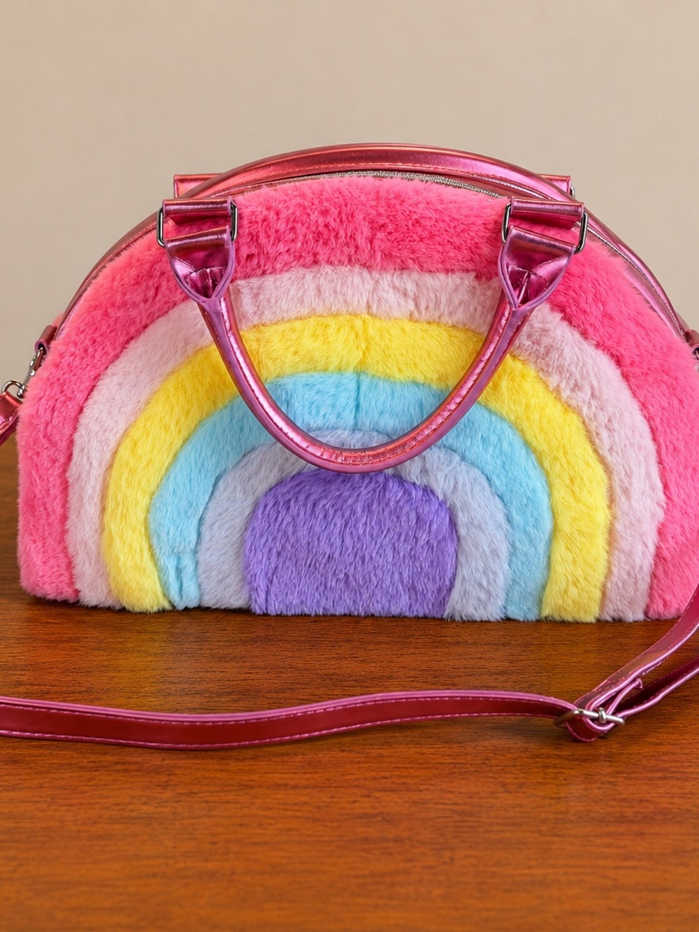 More Than Magic Furry Rainbow Weekender Tote Purse Metallic Pink